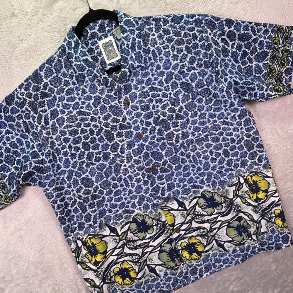 Ocean Current Mens Shirt Medium Blue Leopard Floral Border Oversized Button Down
